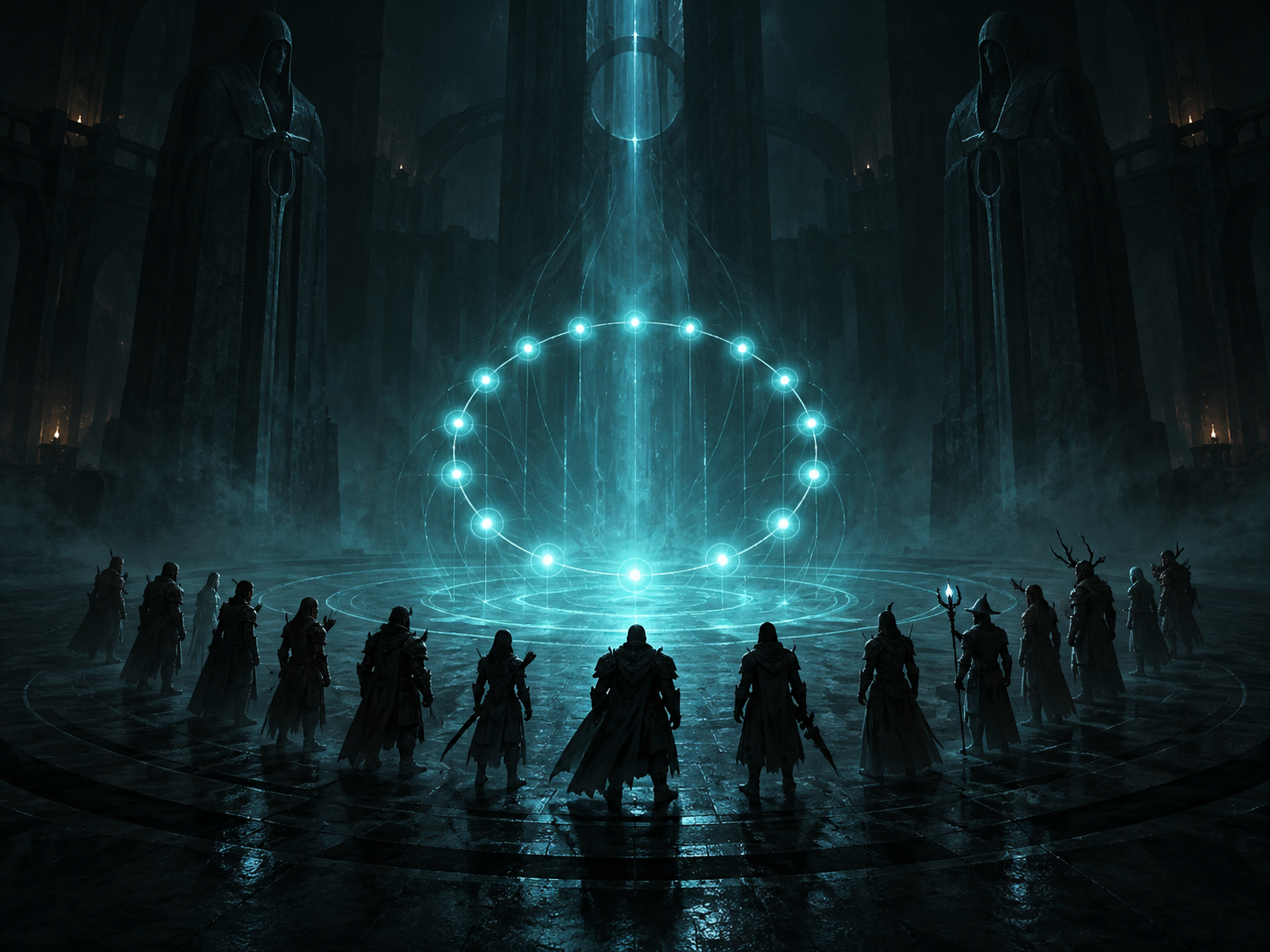 Raid team standing in a circle under a ring of light
